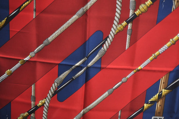 Authentic HERMES Carre 90 Scarf "Clic Clac" Silk Red Blue K5619