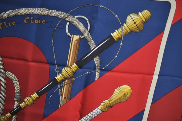 Authentic HERMES Carre 90 Scarf "Clic Clac" Silk Red Blue K5619