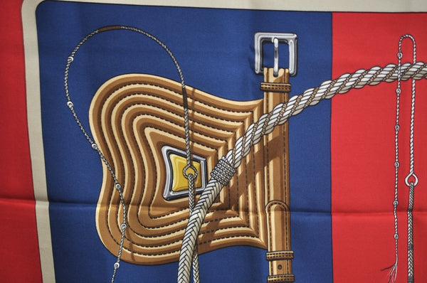 Authentic HERMES Carre 90 Scarf "Clic Clac" Silk Red Blue K5619