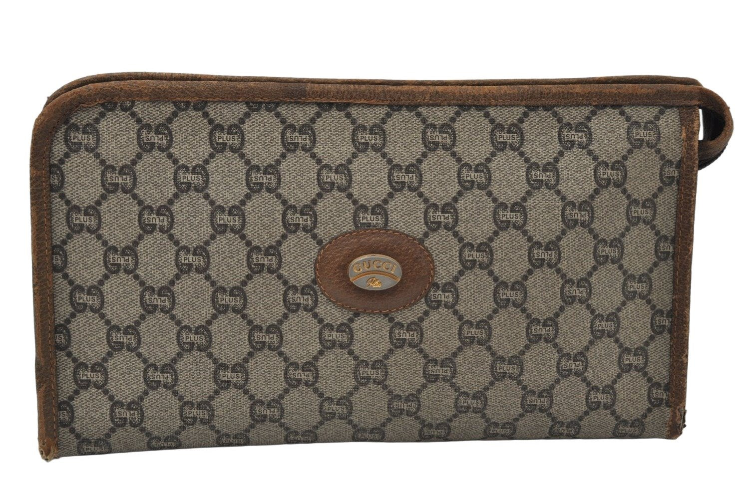 Authentic GUCCI GG Plus Vintage Clutch Hand Bag Purse PVC Leather Brown K5633