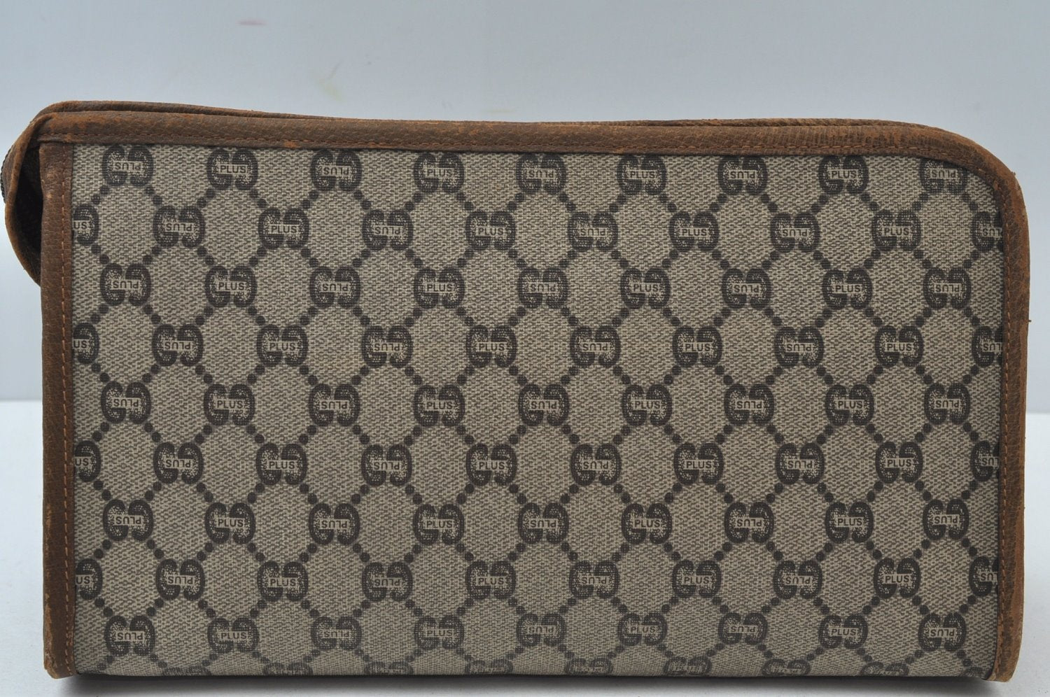 Authentic GUCCI GG Plus Vintage Clutch Hand Bag Purse PVC Leather Brown K5633