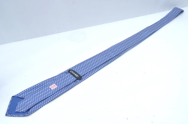 Authentic CHANEL Tie Necktie CC Logo CoCo Mark Pattern Silk Blue K5635