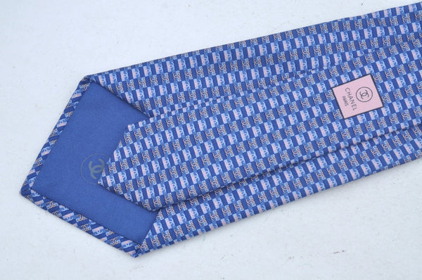 Authentic CHANEL Tie Necktie CC Logo CoCo Mark Pattern Silk Blue K5635