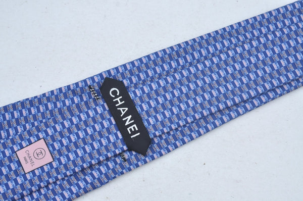 Authentic CHANEL Tie Necktie CC Logo CoCo Mark Pattern Silk Blue K5635