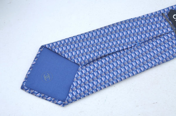 Authentic CHANEL Tie Necktie CC Logo CoCo Mark Pattern Silk Blue K5635