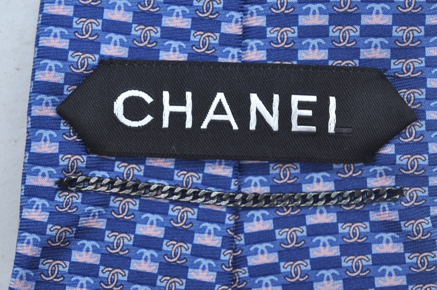 Authentic CHANEL Tie Necktie CC Logo CoCo Mark Pattern Silk Blue K5635