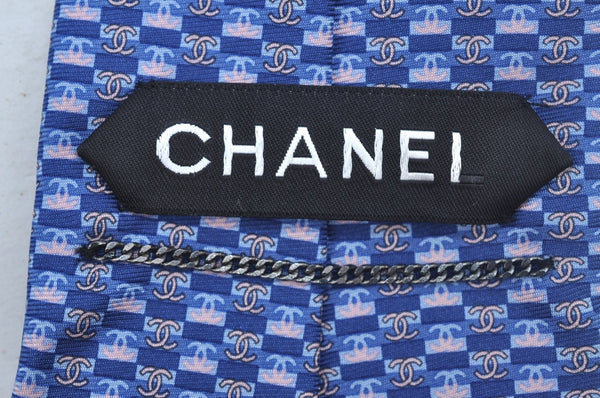 Authentic CHANEL Tie Necktie CC Logo CoCo Mark Pattern Silk Blue K5635