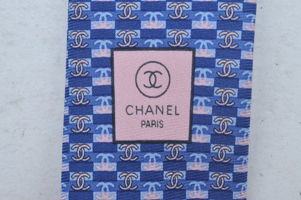 Authentic CHANEL Tie Necktie CC Logo CoCo Mark Pattern Silk Blue K5635