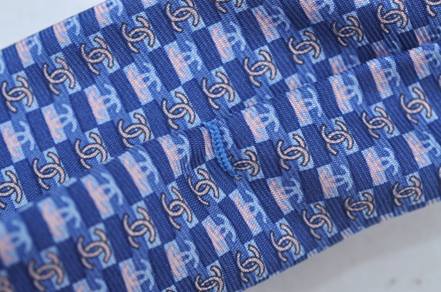 Authentic CHANEL Tie Necktie CC Logo CoCo Mark Pattern Silk Blue K5635