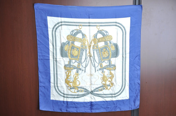 Authentic HERMES Carre 90 Scarf "BRIDES de GALA par" Silk Blue K5640