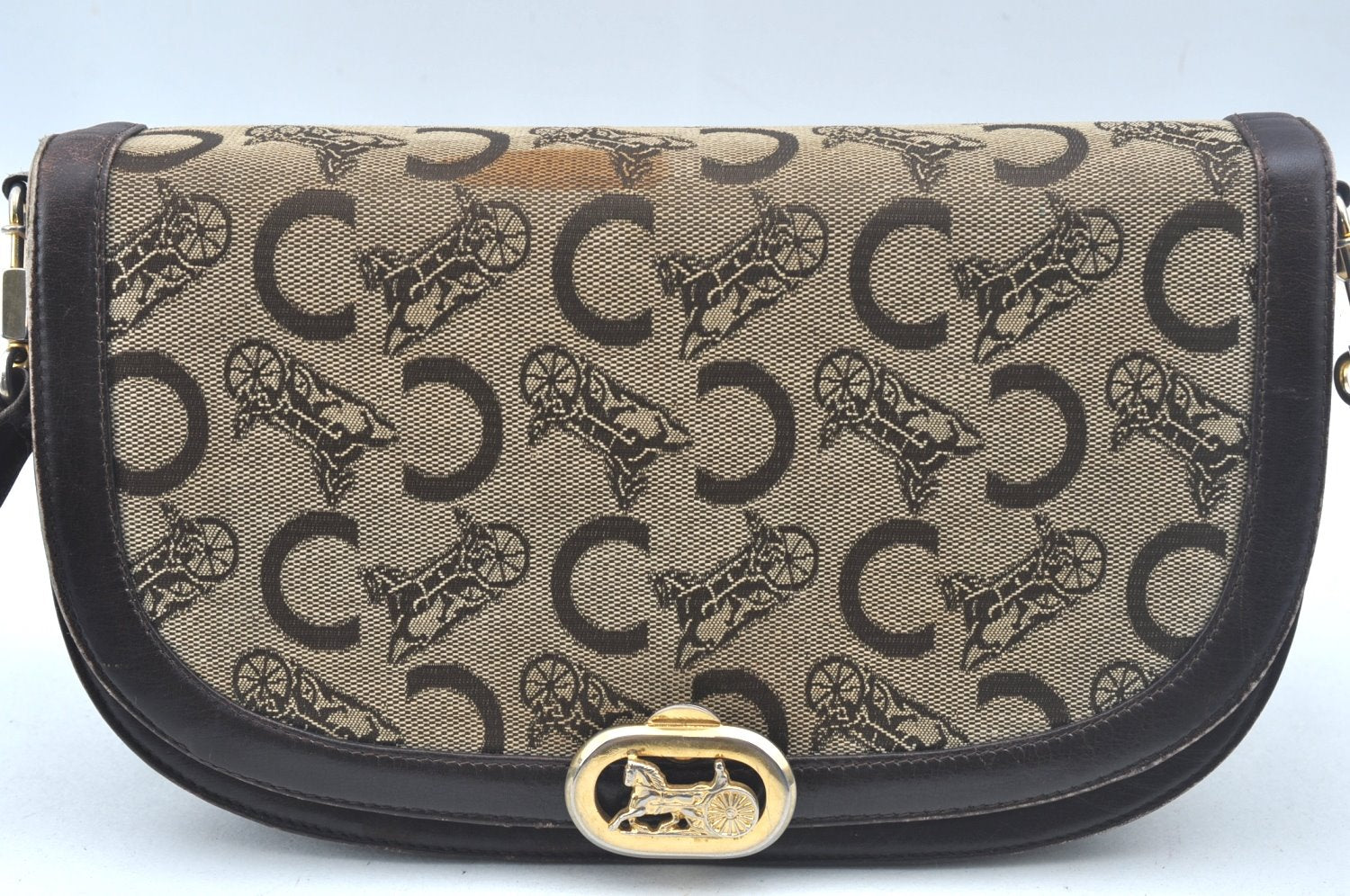 Authentic CELINE C Macadam Carriage Shoulder Bag Canvas Leather Brown K5648
