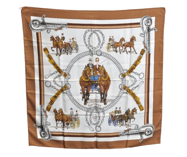 Authentic HERMES Carre 90 Scarf "EQUIPAGES" Silk Brown K5719