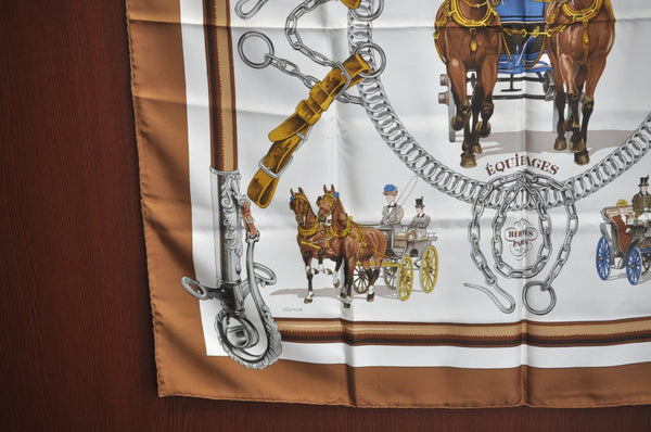 Authentic HERMES Carre 90 Scarf "EQUIPAGES" Silk Brown K5719