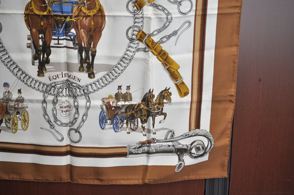 Authentic HERMES Carre 90 Scarf "EQUIPAGES" Silk Brown K5719