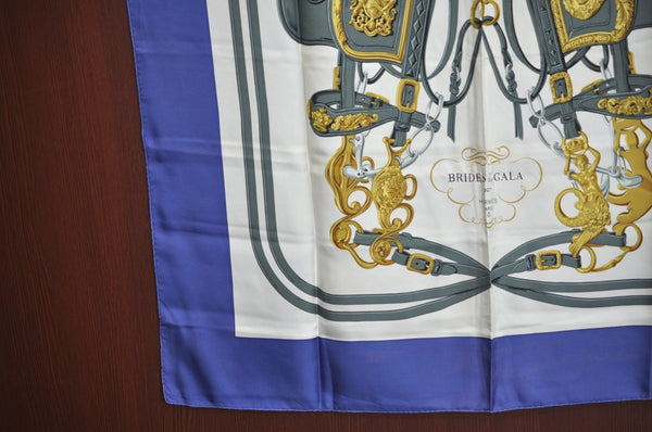 Authentic HERMES Carre 90 Scarf "BRIDES de GALA" Silk Blue K5802