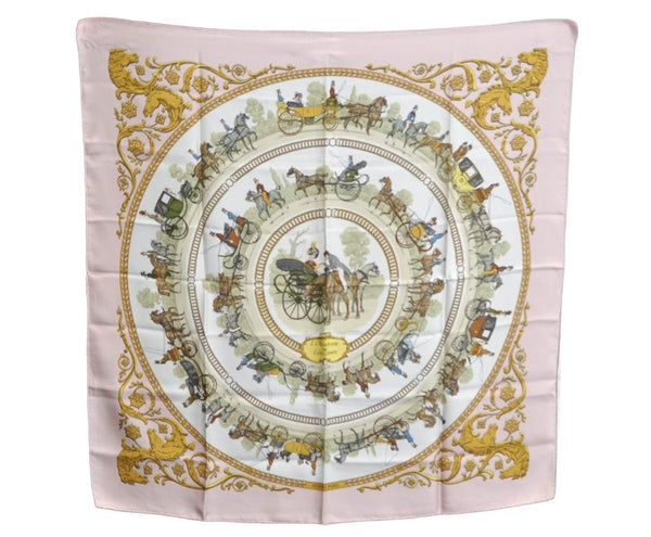 Authentic HERMES Carre 90 Scarf "LA PROMENADE DE LONGCHAMPS" Silk Pink K5804