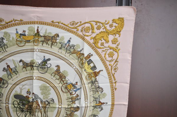 Authentic HERMES Carre 90 Scarf "LA PROMENADE DE LONGCHAMPS" Silk Pink K5804