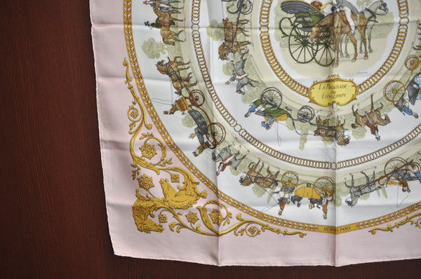Authentic HERMES Carre 90 Scarf "LA PROMENADE DE LONGCHAMPS" Silk Pink K5804