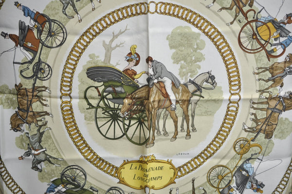 Authentic HERMES Carre 90 Scarf "LA PROMENADE DE LONGCHAMPS" Silk Pink K5804