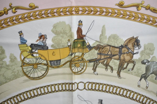 Authentic HERMES Carre 90 Scarf "LA PROMENADE DE LONGCHAMPS" Silk Pink K5804