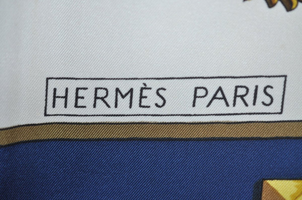 Authentic HERMES Carre 90 Scarf "LES CLES" Silk Navy K5806