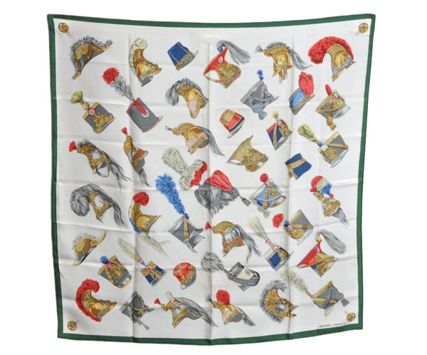 Authentic HERMES Carre 90 Scarf "CASQUES ET COIFFURES" Silk Green K5807