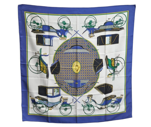 Authentic HERMES Carre 90 Scarf "LES VOITURES A TRANSFORMATION" Silk Blue K5818