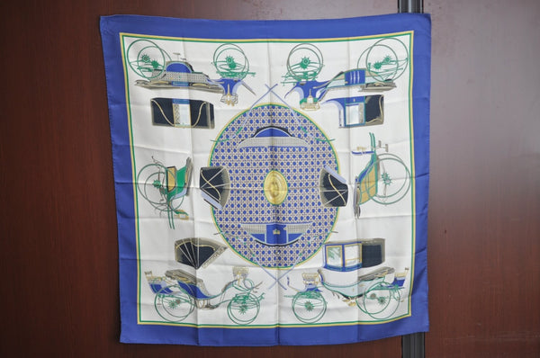 Authentic HERMES Carre 90 Scarf "LES VOITURES A TRANSFORMATION" Silk Blue K5818