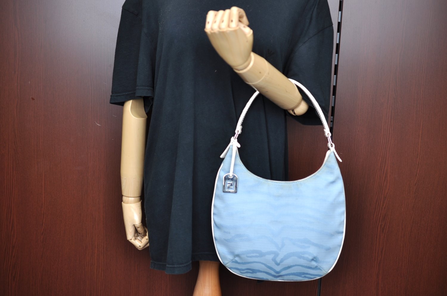 Authentic FENDI Tiger Motif Hand Shoulder Bag Canvas Leather Light Blue K5970