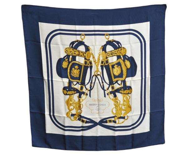 Authentic HERMES Carre 90 Scarf "BRIDES de GALA par" Silk Navy Blue K5975