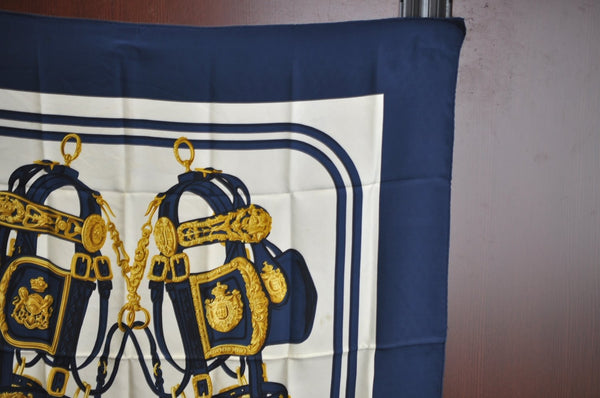 Authentic HERMES Carre 90 Scarf "BRIDES de GALA par" Silk Navy Blue K5975