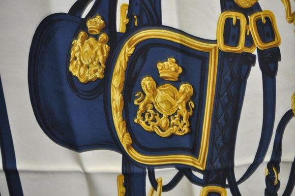 Authentic HERMES Carre 90 Scarf "BRIDES de GALA par" Silk Navy Blue K5975