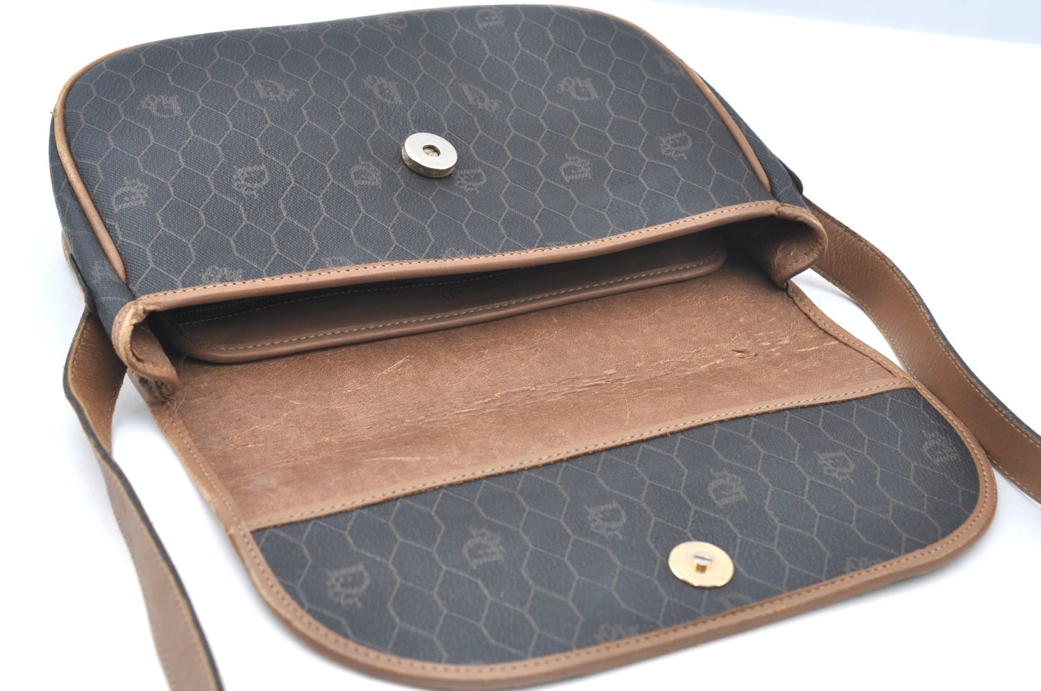 Authentic Christian Dior Honeycomb Shoulder Cross Bag PVC Leather Brown K6019