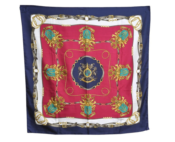 Authentic HERMES Carre 90 Scarf "NUMQUAM CONCEDENDUM" Silk Navy K6028