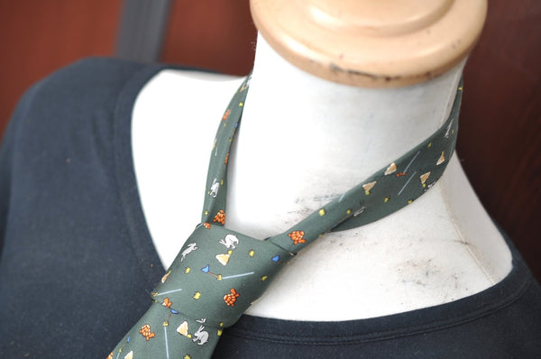 Authentic HERMES Tie Necktie Rabbit and Turtle Pattern Silk 7797FA Green K6046