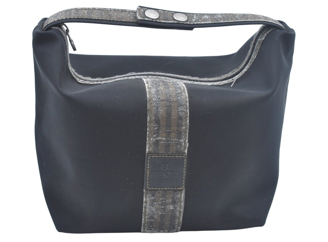 Authentic FENDI Vintage Pequin Hand Bag Pouch Purse Nylon Leather Black K6094