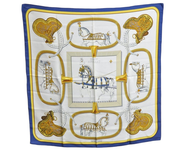 Authentic HERMES Carre 90 Scarf "GRAND APPARAT" Silk Blue K6173