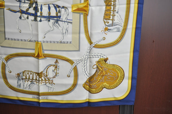 Authentic HERMES Carre 90 Scarf "GRAND APPARAT" Silk Blue K6173