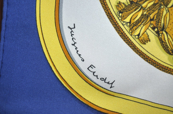 Authentic HERMES Carre 90 Scarf "GRAND APPARAT" Silk Blue K6173