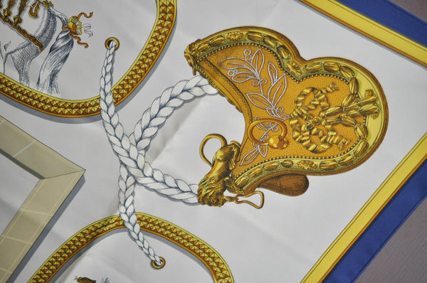 Authentic HERMES Carre 90 Scarf "GRAND APPARAT" Silk Blue K6173