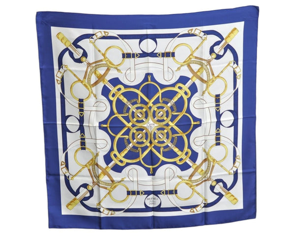 Authentic HERMES Carre 90 Scarf "Eperon D'or" Silk Navy K6174