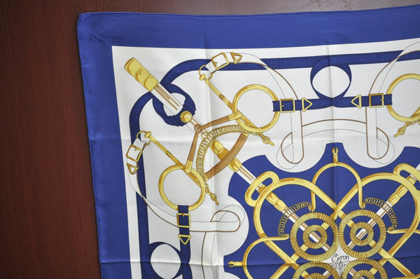 Authentic HERMES Carre 90 Scarf "Eperon D'or" Silk Navy K6174