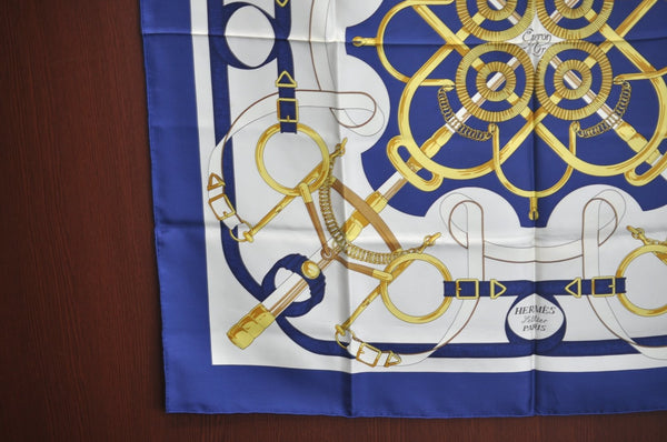 Authentic HERMES Carre 90 Scarf "Eperon D'or" Silk Navy K6174