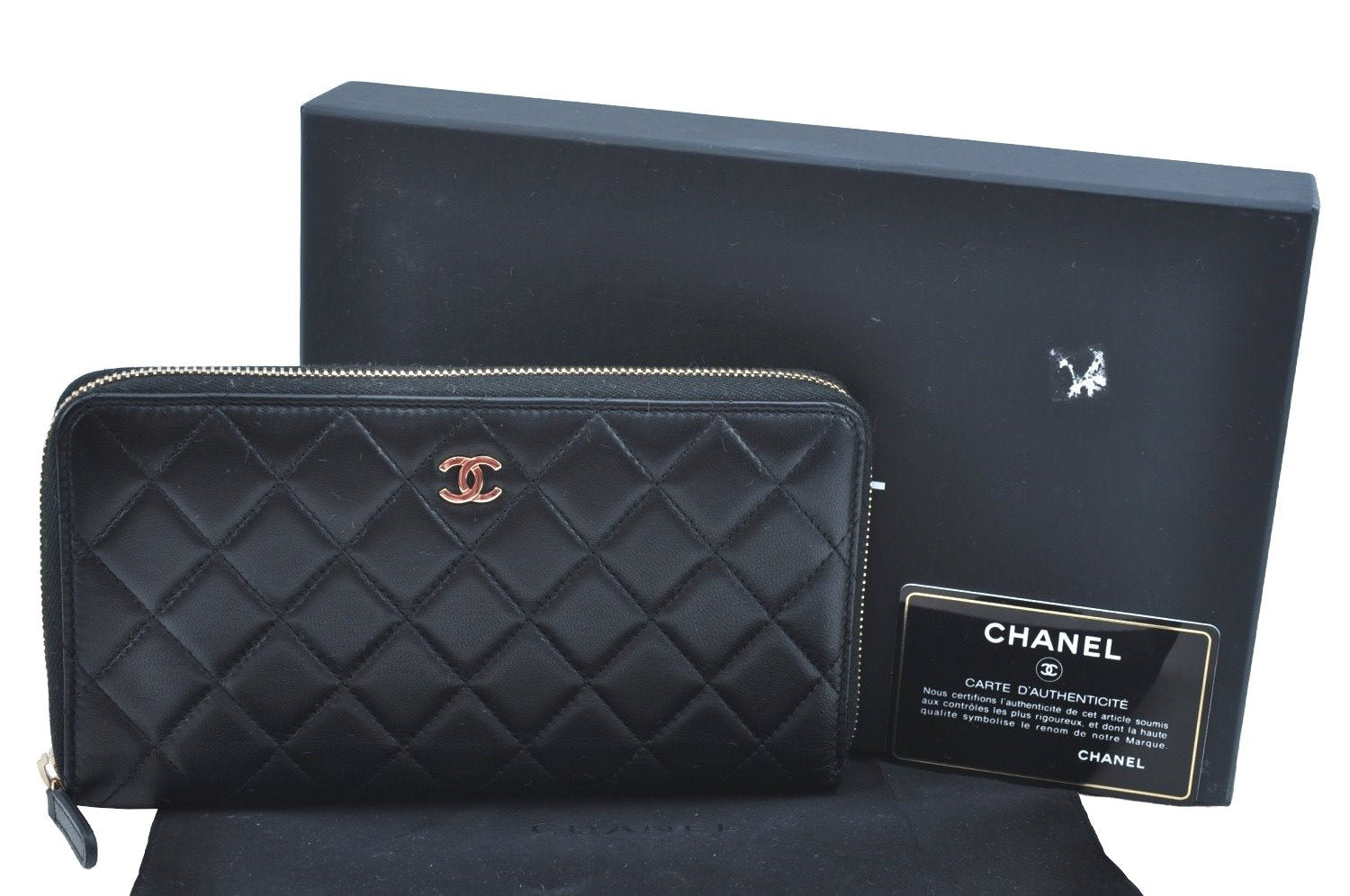 Authentic CHANEL Lamb Skin Matelasse Long Zip Wallet Purse Black Box K6228