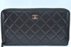 Authentic CHANEL Lamb Skin Matelasse Long Zip Wallet Purse Black Box K6228