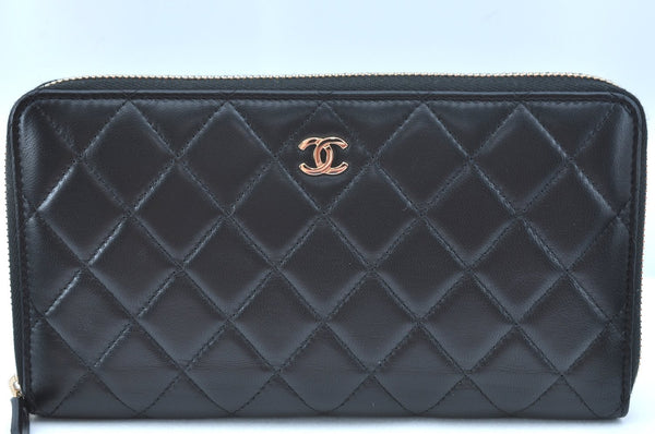 Authentic CHANEL Lamb Skin Matelasse Long Zip Wallet Purse Black Box K6228