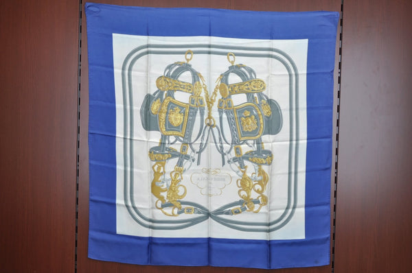 Authentic HERMES Carre 90 Scarf "BRIDES de GALA par" Silk Blue K6331