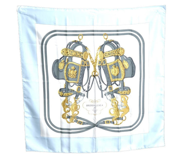 Authentic HERMES Carre 90 Scarf "BRIDES de GALA par" Silk Light Blue K6381