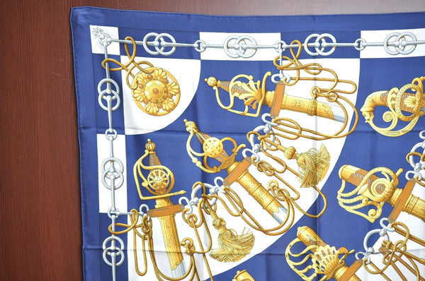 Authentic HERMES Carre 90 Scarf "Cliquetis" Silk Navy K6447