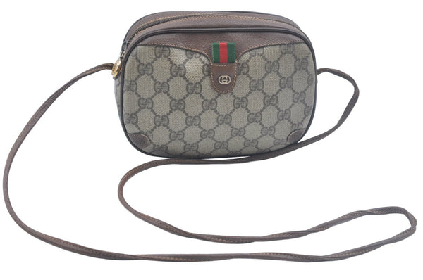 Authentic GUCCI Web Sherry Line Shoulder Cross Bag GG PVC Leather Brown K6556